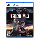 PlayStation 5 game case for 'Resident Evil 3' featuring characters and Capcom logo.